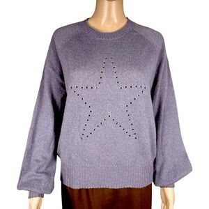 27 Miles Cashmere Puff Sleeve Star Front Grey Blue Sweater Size M